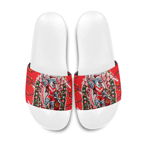 Personalized Dolphins Rugby Christmas Slide Sandals Holiday Mascot Graphic Art Festive Lights Bow