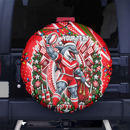 Personalized Dolphins Rugby Christmas Spare Tire Cover Holiday Mascot Graphic Art Festive Lights Bow