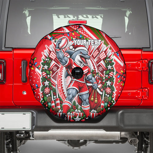 Personalized Dolphins Rugby Christmas Spare Tire Cover Holiday Mascot Graphic Art Festive Lights Bow
