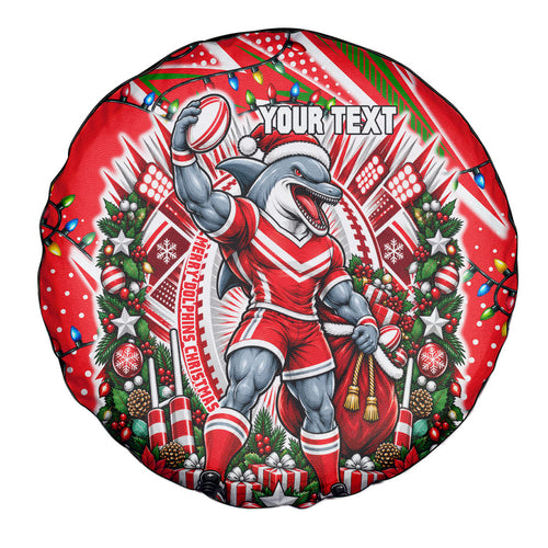 Personalized Dolphins Rugby Christmas Spare Tire Cover Holiday Mascot Graphic Art Festive Lights Bow