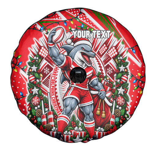 Personalized Dolphins Rugby Christmas Spare Tire Cover Holiday Mascot Graphic Art Festive Lights Bow