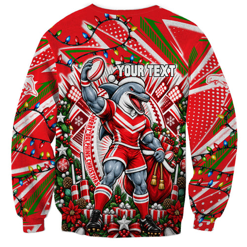 Personalized Dolphins Rugby Christmas Sweatshirt Holiday Mascot Graphic Art Festive Lights Bow