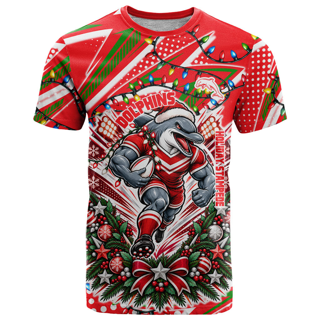 Personalized Dolphins Rugby Christmas T Shirt Holiday Mascot Graphic Art Festive Lights Bow