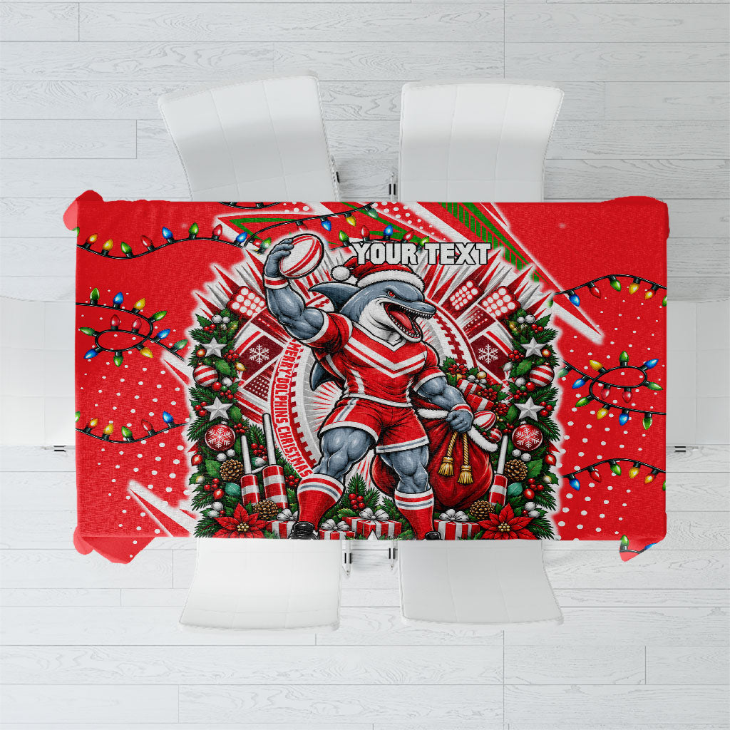 Personalized Dolphins Rugby Christmas Tablecloth Holiday Mascot Graphic Art Festive Lights Bow
