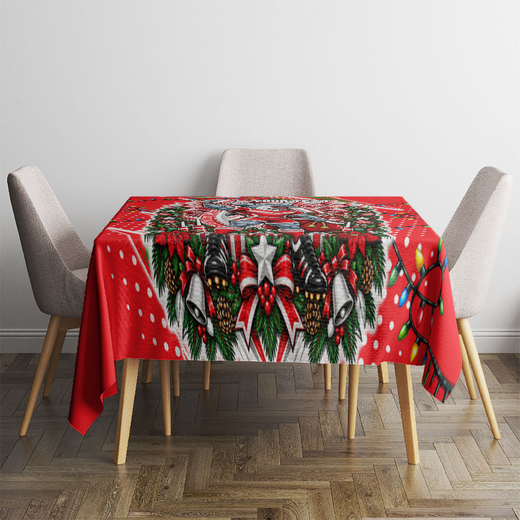 Personalized Dolphins Rugby Christmas Tablecloth Holiday Mascot Graphic Art Festive Lights Bow