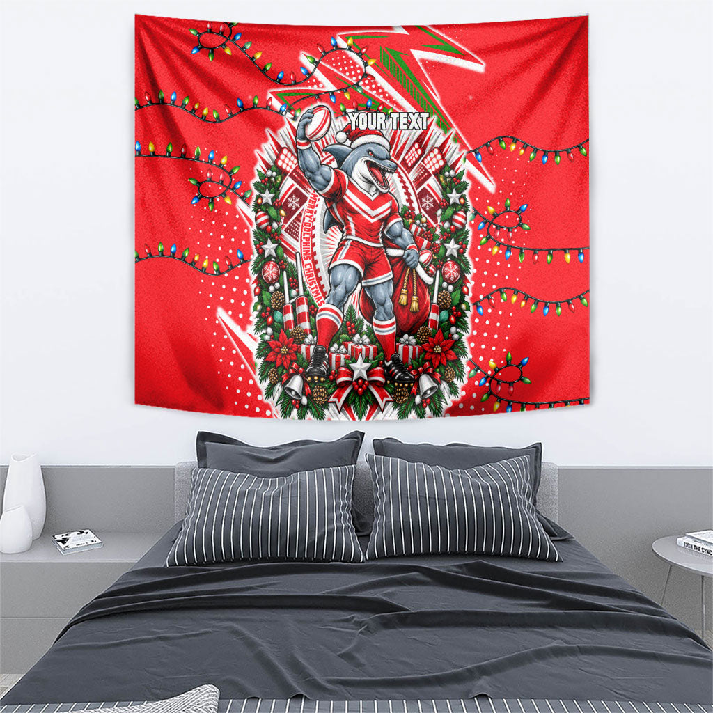 Personalized Dolphins Rugby Christmas Tapestry Holiday Mascot Graphic Art Festive Lights Bow