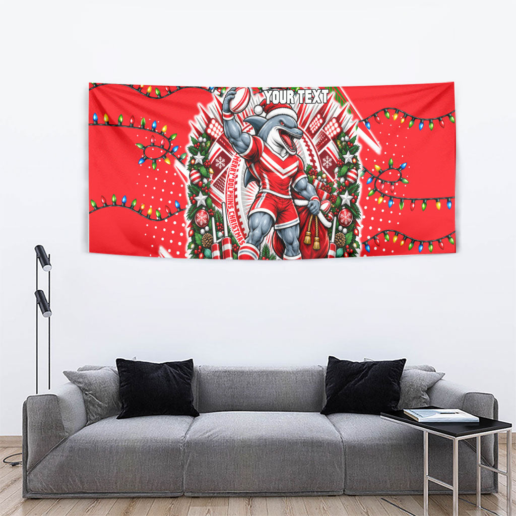 Personalized Dolphins Rugby Christmas Tapestry Holiday Mascot Graphic Art Festive Lights Bow