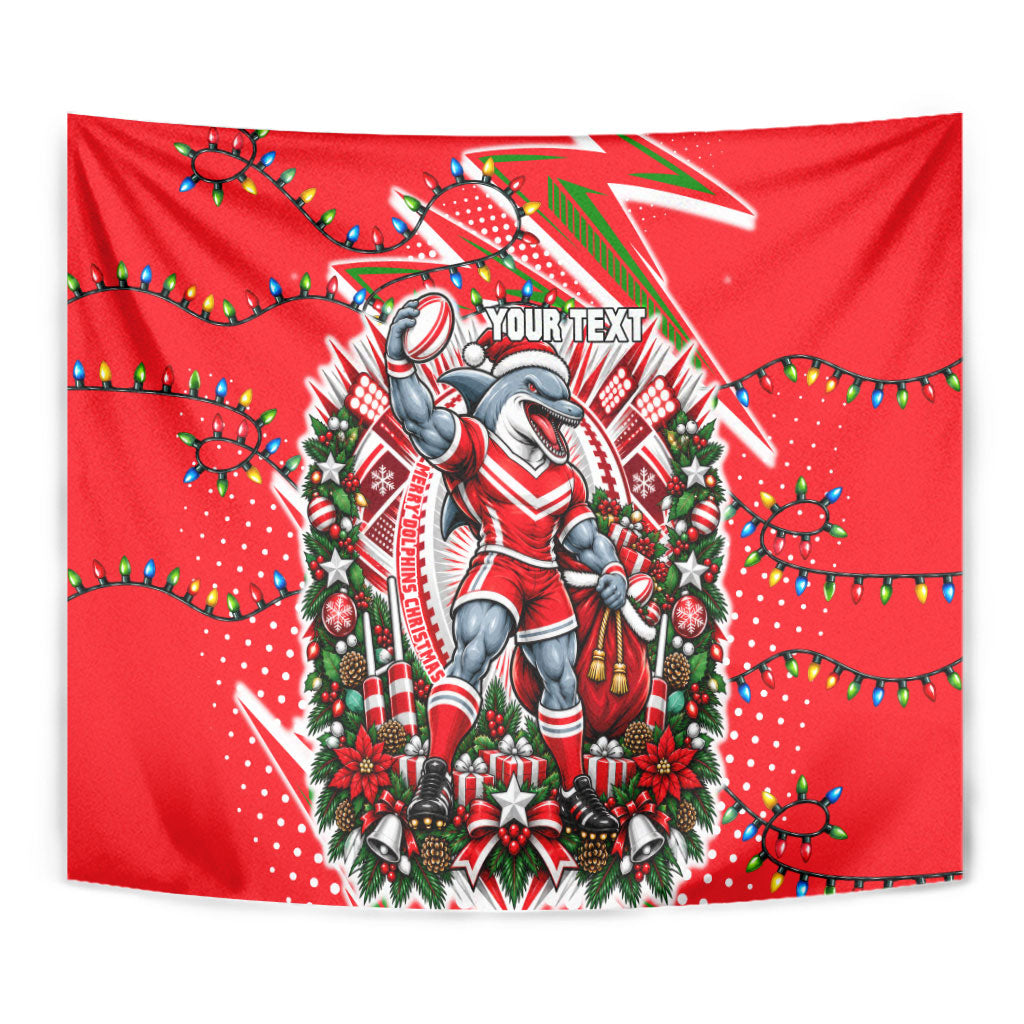 Personalized Dolphins Rugby Christmas Tapestry Holiday Mascot Graphic Art Festive Lights Bow