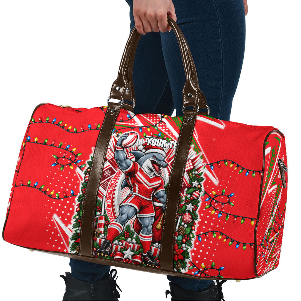 Personalized Dolphins Rugby Christmas Travel Bag Holiday Mascot Graphic Art Festive Lights Bow
