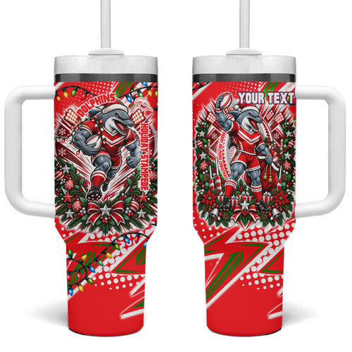 Personalized Dolphins Rugby Christmas Tumbler With Handle Holiday Mascot Graphic Art Festive Lights Bow