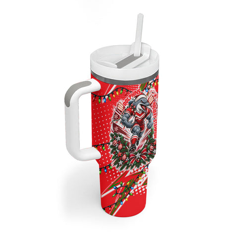 Personalized Dolphins Rugby Christmas Tumbler With Handle Holiday Mascot Graphic Art Festive Lights Bow