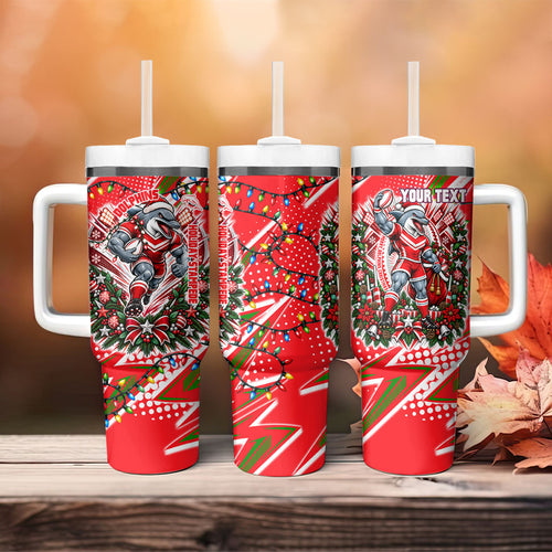 Personalized Dolphins Rugby Christmas Tumbler With Handle Holiday Mascot Graphic Art Festive Lights Bow