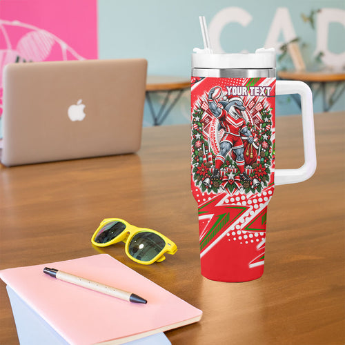Personalized Dolphins Rugby Christmas Tumbler With Handle Holiday Mascot Graphic Art Festive Lights Bow