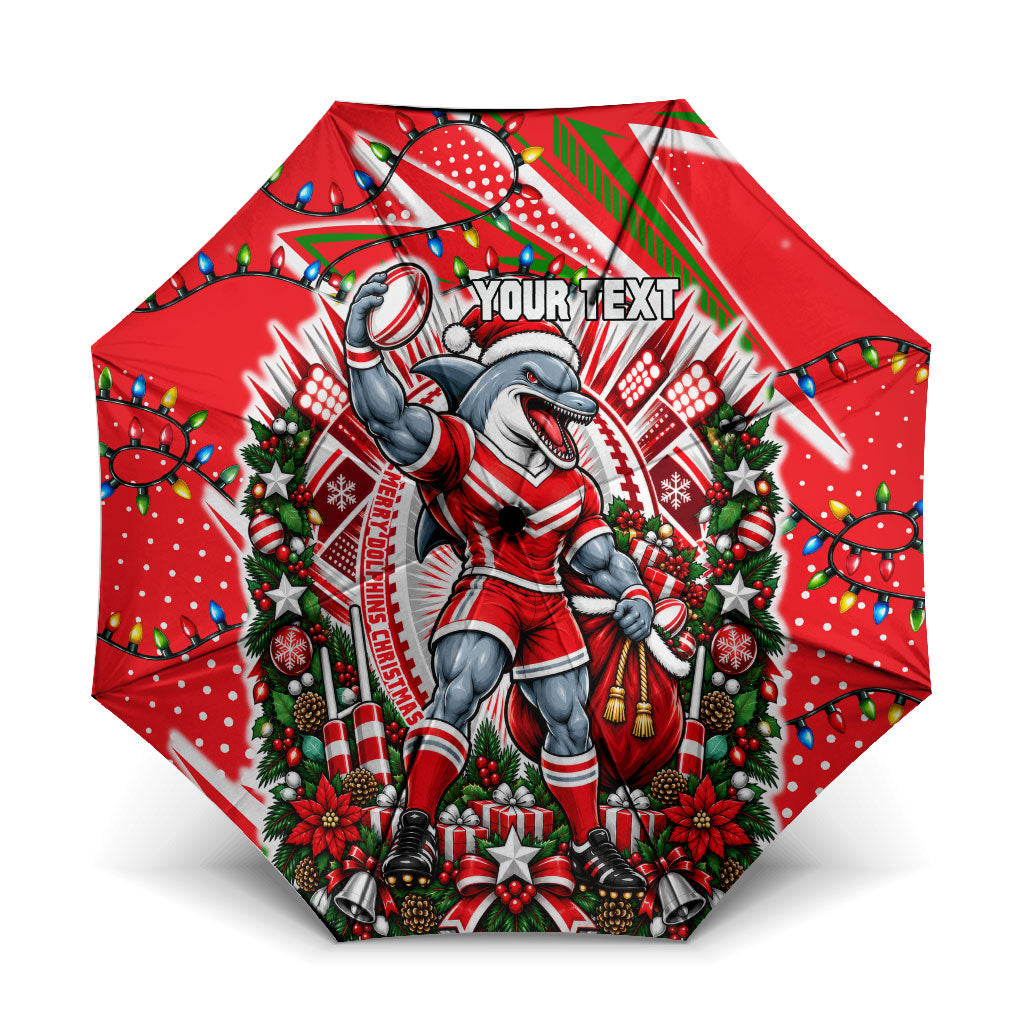 Personalized Dolphins Rugby Christmas Umbrella Holiday Mascot Graphic Art Festive Lights Bow
