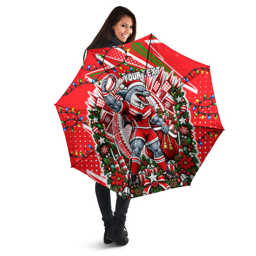 Personalized Dolphins Rugby Christmas Umbrella Holiday Mascot Graphic Art Festive Lights Bow