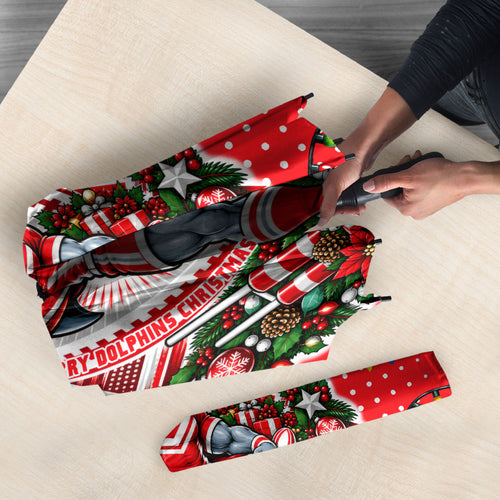 Personalized Dolphins Rugby Christmas Umbrella Holiday Mascot Graphic Art Festive Lights Bow
