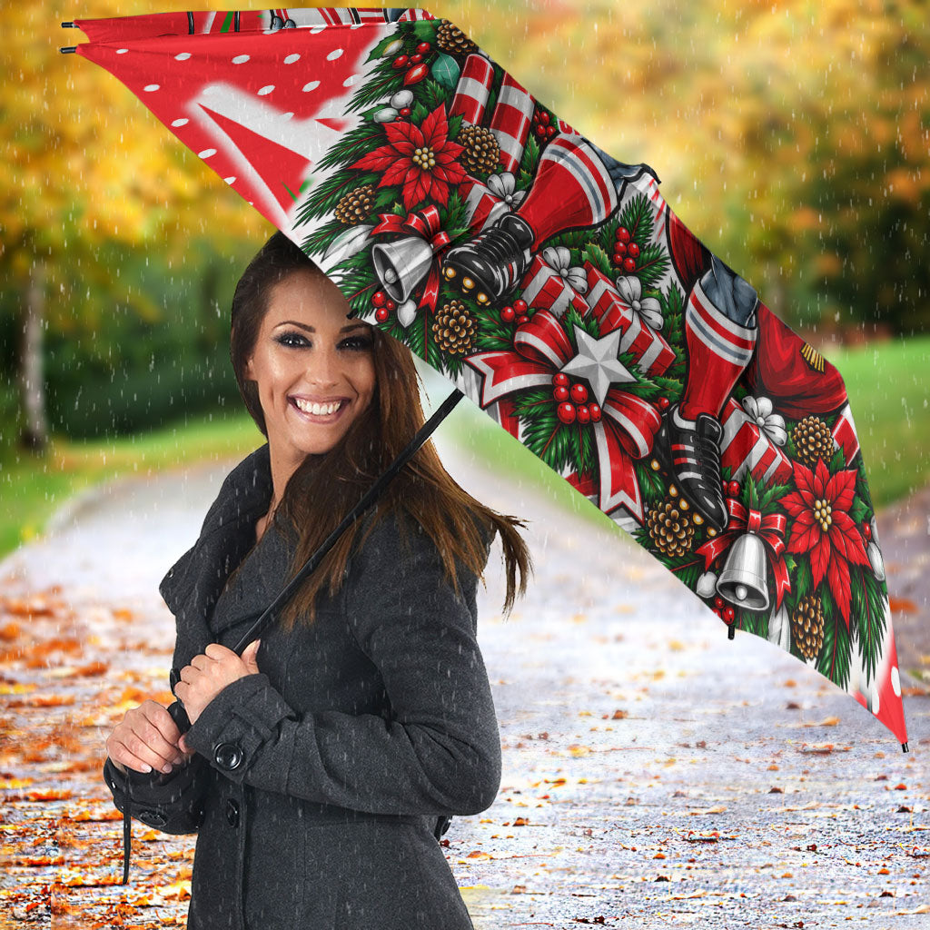 Personalized Dolphins Rugby Christmas Umbrella Holiday Mascot Graphic Art Festive Lights Bow