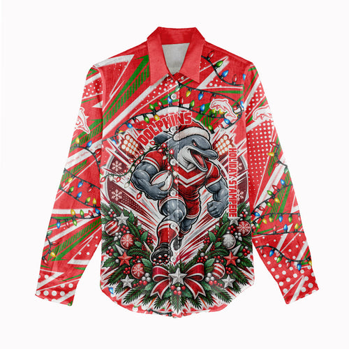 Personalized Dolphins Rugby Christmas Women Casual Shirt Holiday Mascot Graphic Art Festive Lights Bow