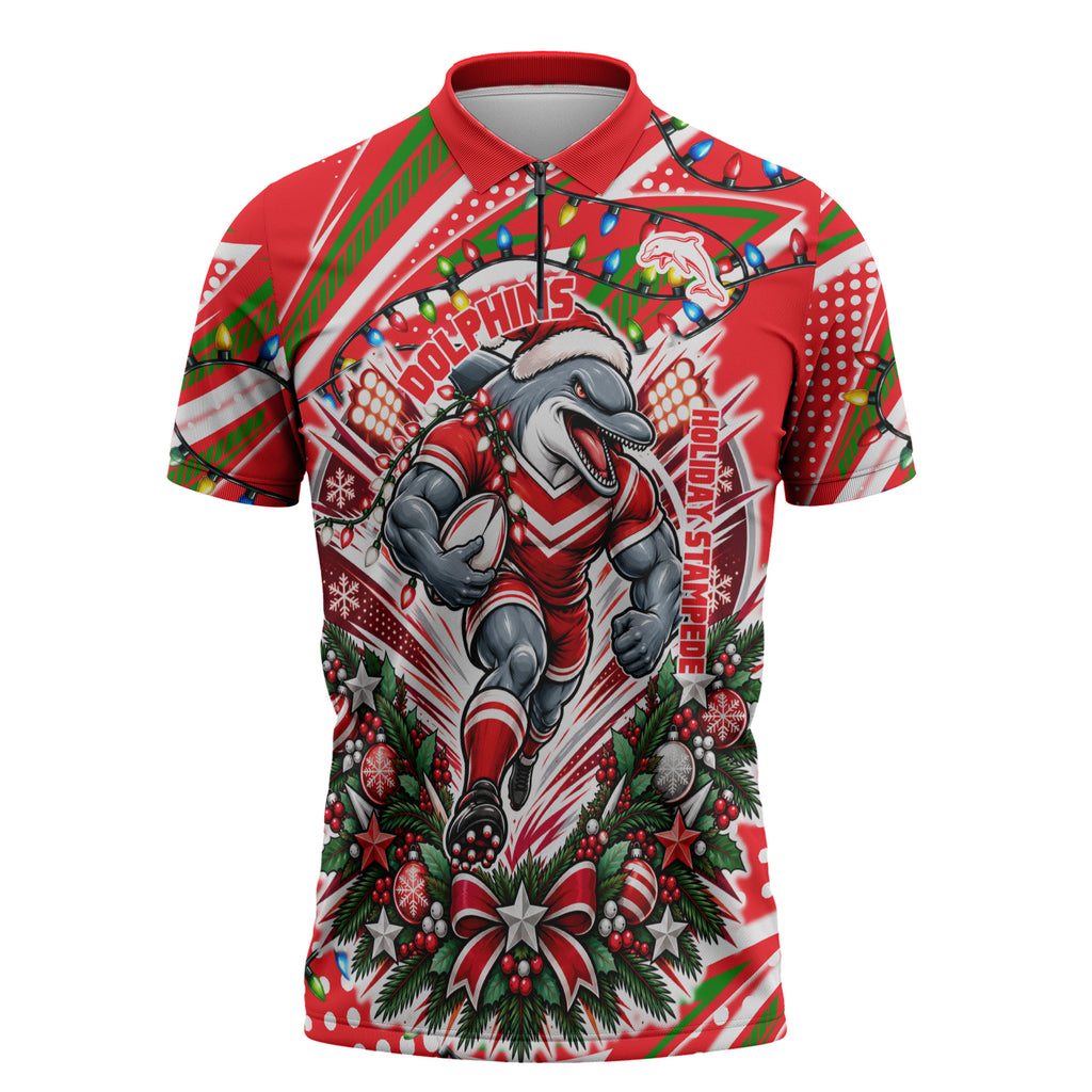Personalized Dolphins Rugby Christmas Zipper Polo Shirt Holiday Mascot Graphic Art Festive Lights Bow