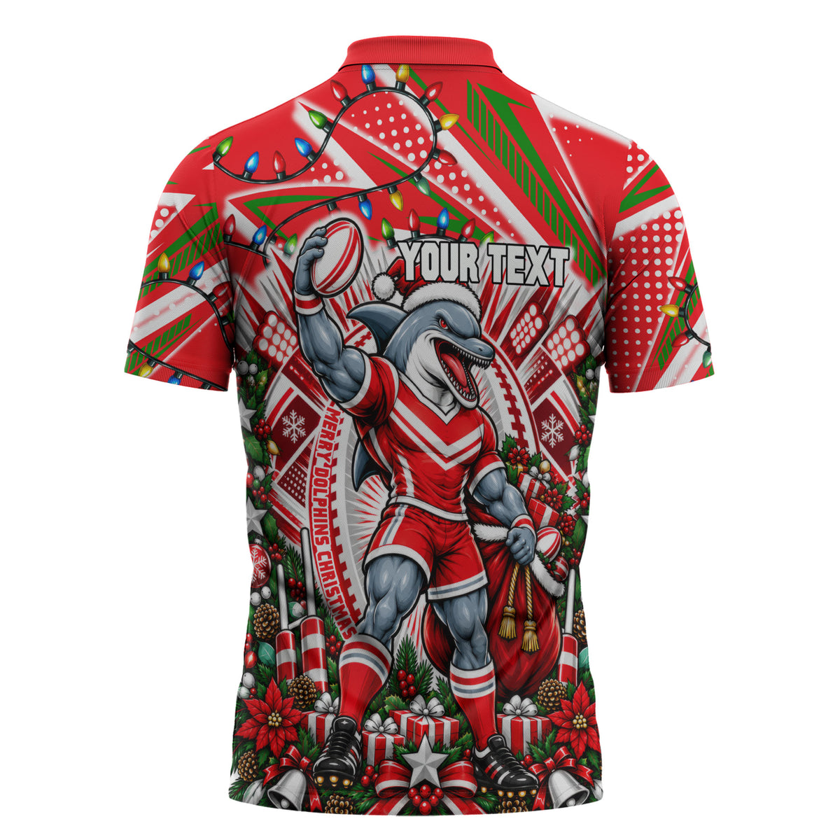 Personalized Dolphins Rugby Christmas Zipper Polo Shirt Holiday Mascot Graphic Art Festive Lights Bow