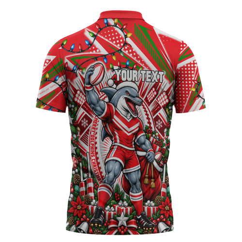 Personalized Dolphins Rugby Christmas Zipper Polo Shirt Holiday Mascot Graphic Art Festive Lights Bow