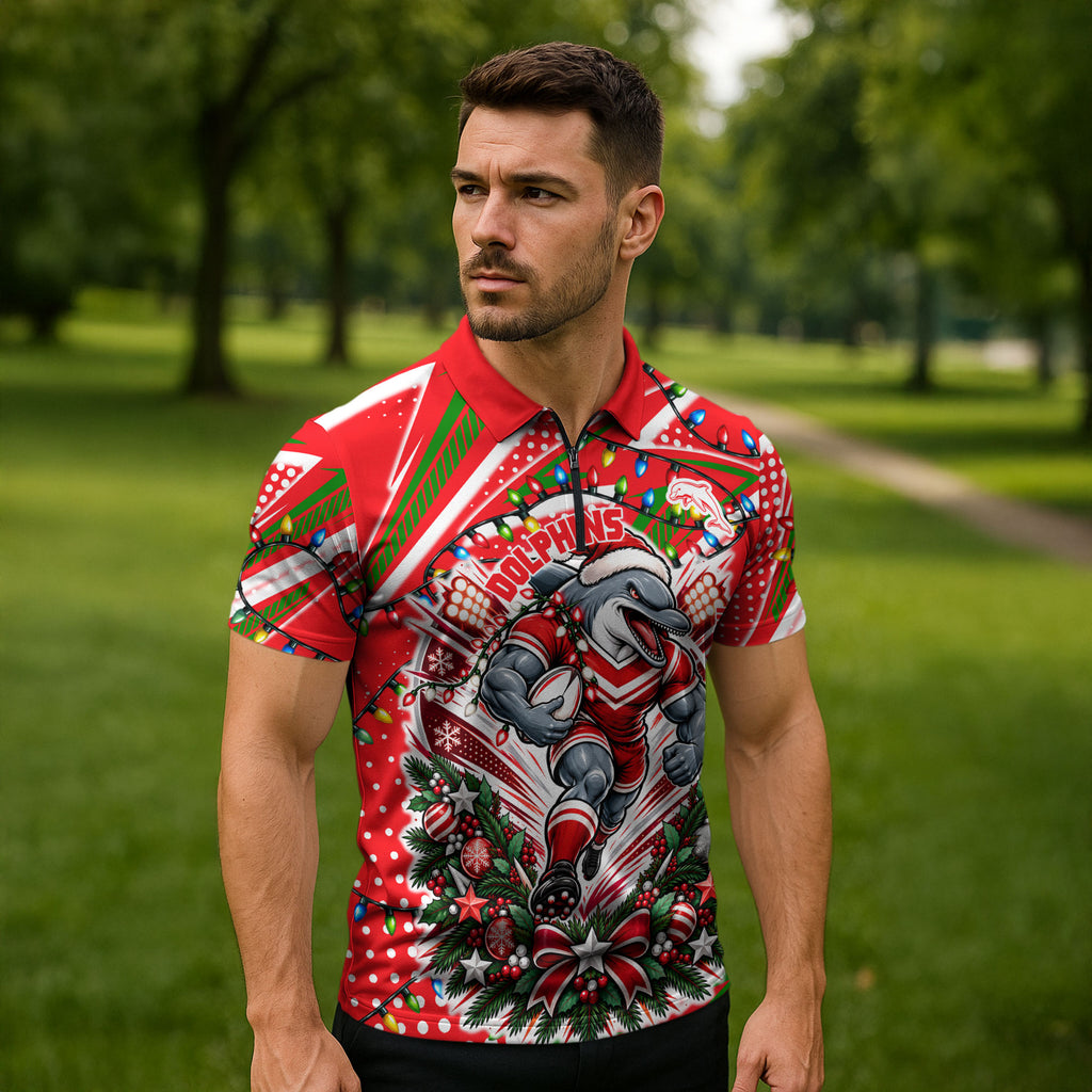 Personalized Dolphins Rugby Christmas Zipper Polo Shirt Holiday Mascot Graphic Art Festive Lights Bow