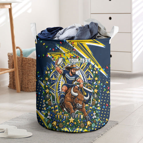 Personalized North Queensland Cowboys Rugby Christmas Laundry Basket Holiday Mascot Graphic Art Festive Lights Bow