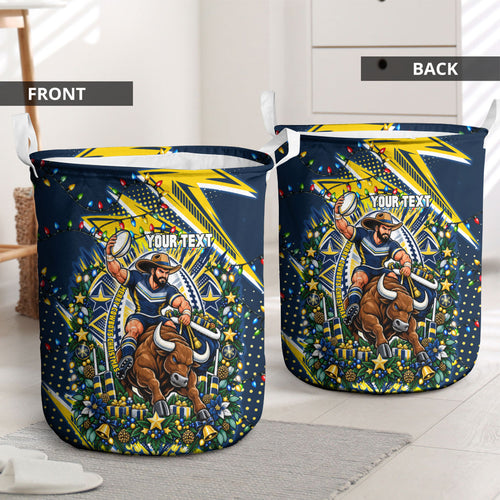 Personalized North Queensland Cowboys Rugby Christmas Laundry Basket Holiday Mascot Graphic Art Festive Lights Bow