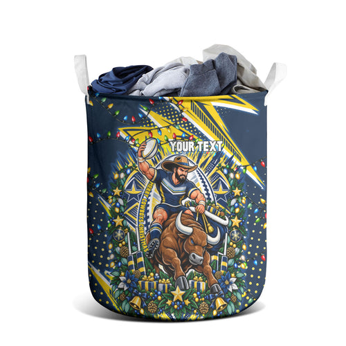 Personalized North Queensland Cowboys Rugby Christmas Laundry Basket Holiday Mascot Graphic Art Festive Lights Bow