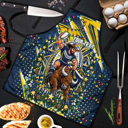 Personalized North Queensland Cowboys Rugby Christmas Apron Holiday Mascot Graphic Art Festive Lights Bow