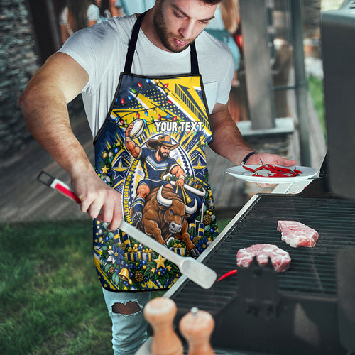 Personalized North Queensland Cowboys Rugby Christmas Apron Holiday Mascot Graphic Art Festive Lights Bow