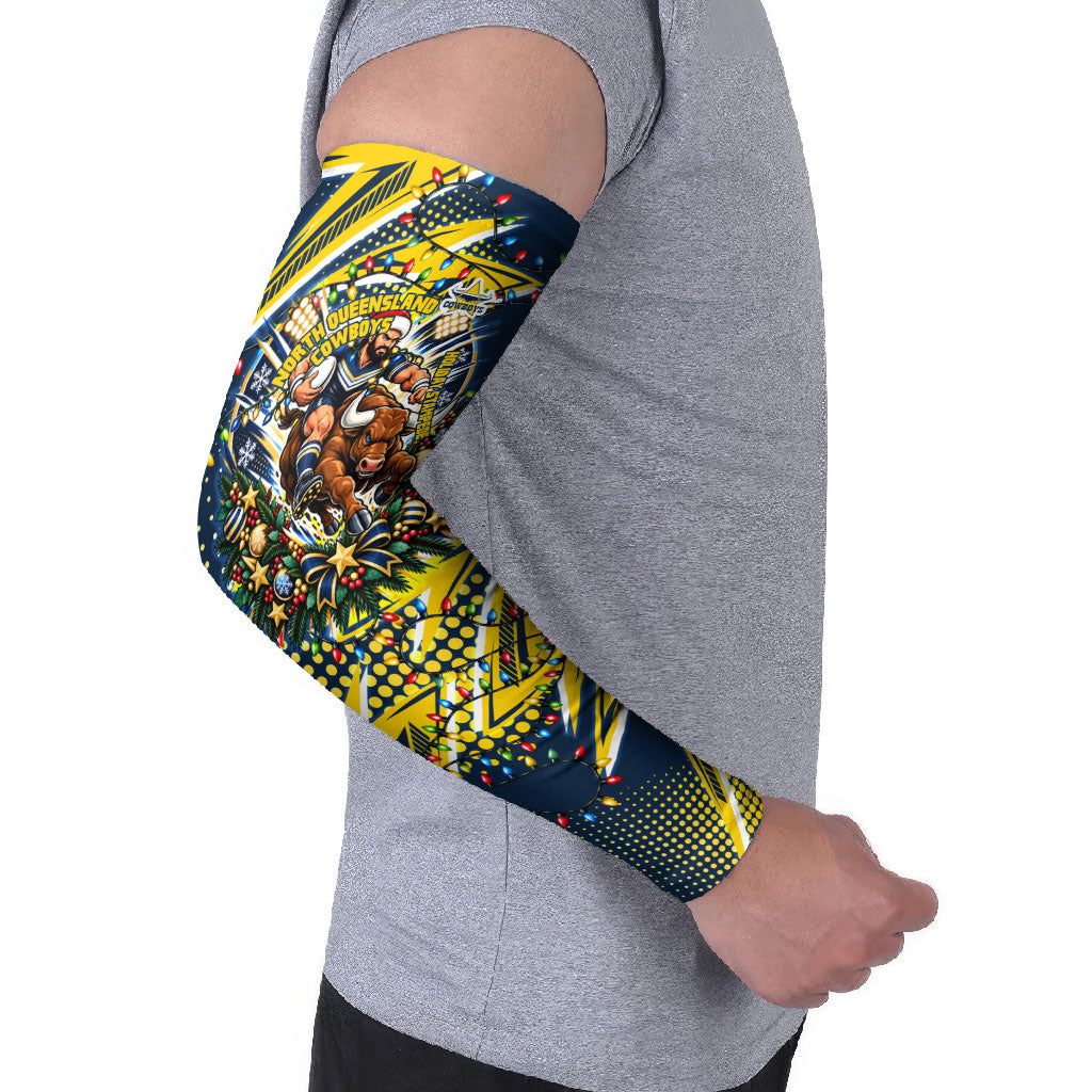 Personalized North Queensland Cowboys Rugby Christmas Arm Sleeves Holiday Mascot Graphic Art Festive Lights Bow
