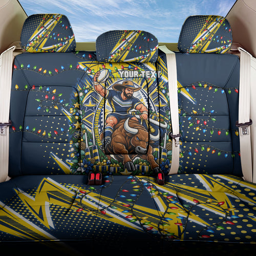 Personalized North Queensland Cowboys Rugby Christmas Back Car Seat Cover Holiday Mascot Graphic Art Festive Lights Bow