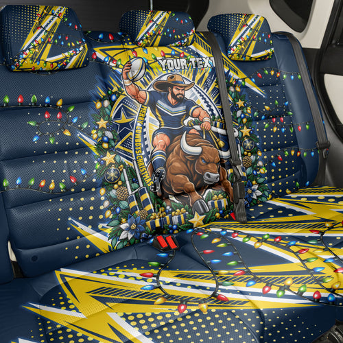 Personalized North Queensland Cowboys Rugby Christmas Back Car Seat Cover Holiday Mascot Graphic Art Festive Lights Bow