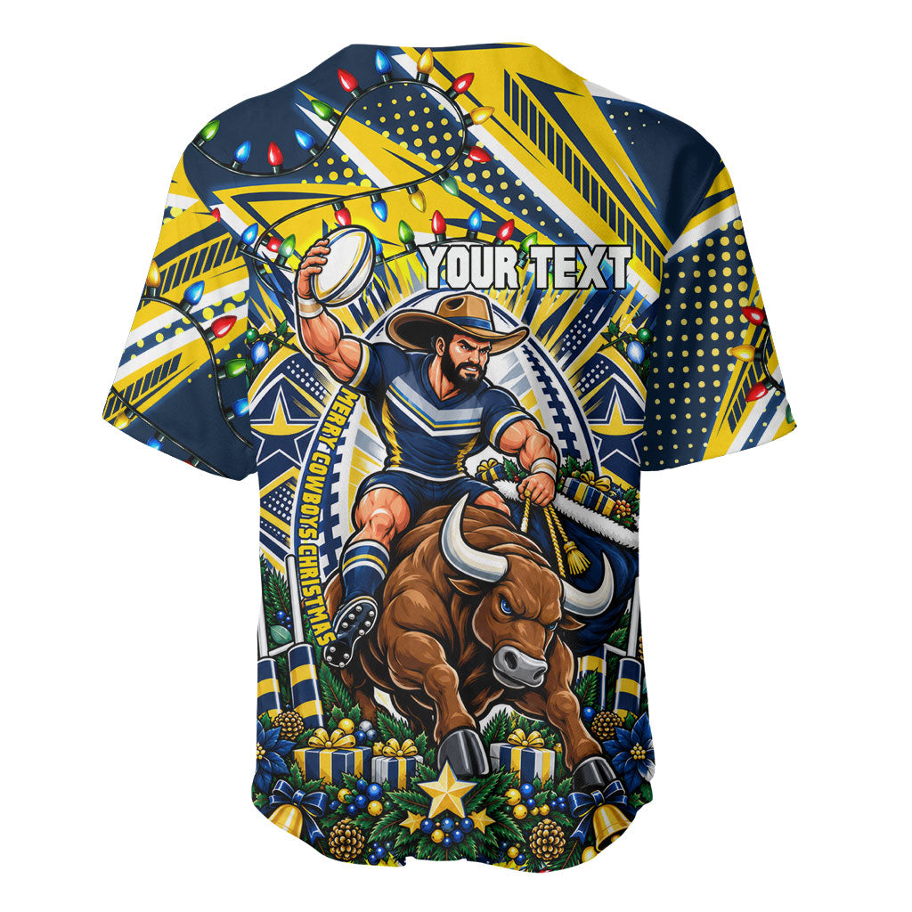 Personalized North Queensland Cowboys Rugby Christmas Baseball Jersey Holiday Mascot Graphic Art Festive Lights Bow