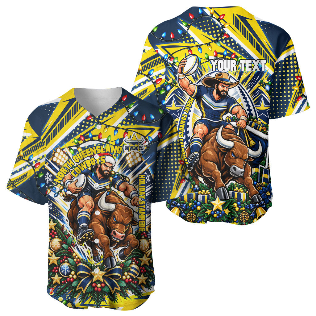 Personalized North Queensland Cowboys Rugby Christmas Baseball Jersey Holiday Mascot Graphic Art Festive Lights Bow