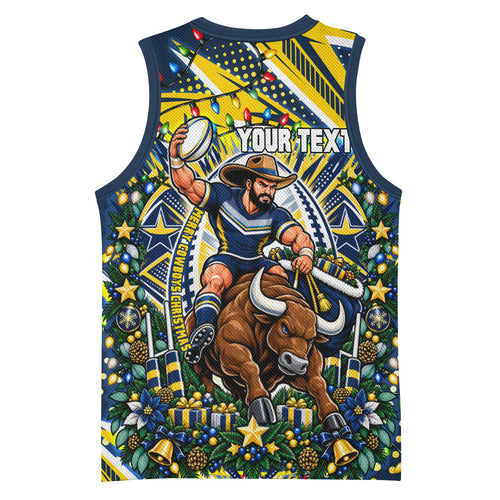 Personalized North Queensland Cowboys Rugby Christmas Basketball Jersey Holiday Mascot Graphic Art Festive Lights Bow