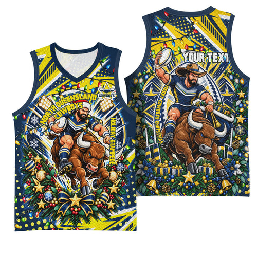 Personalized North Queensland Cowboys Rugby Christmas Basketball Jersey Holiday Mascot Graphic Art Festive Lights Bow