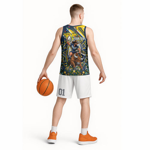 Personalized North Queensland Cowboys Rugby Christmas Basketball Jersey Holiday Mascot Graphic Art Festive Lights Bow