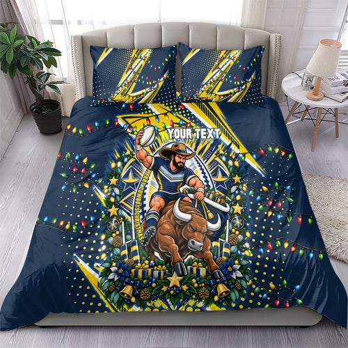 Personalized North Queensland Cowboys Rugby Christmas Bedding Set Holiday Mascot Graphic Art Festive Lights Bow