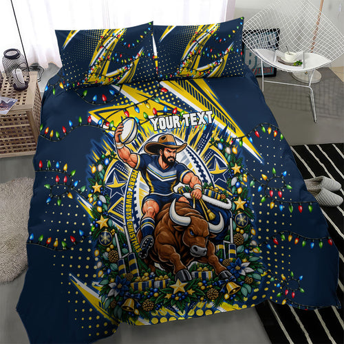 Personalized North Queensland Cowboys Rugby Christmas Bedding Set Holiday Mascot Graphic Art Festive Lights Bow