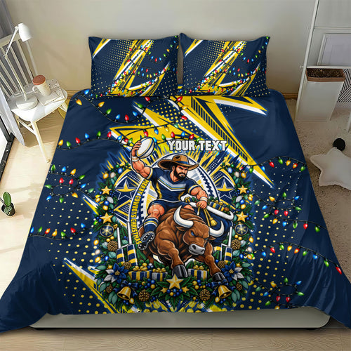 Personalized North Queensland Cowboys Rugby Christmas Bedding Set Holiday Mascot Graphic Art Festive Lights Bow