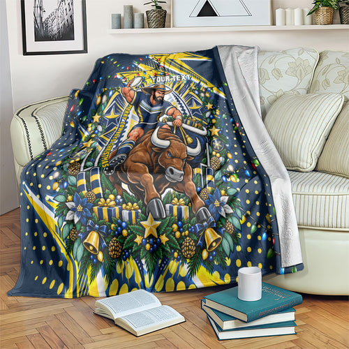 Personalized North Queensland Cowboys Rugby Christmas Blanket Holiday Mascot Graphic Art Festive Lights Bow