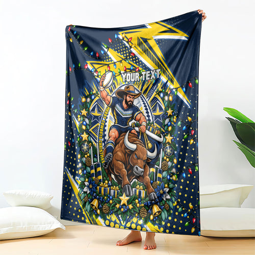 Personalized North Queensland Cowboys Rugby Christmas Blanket Holiday Mascot Graphic Art Festive Lights Bow