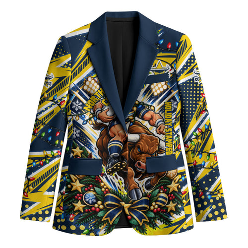 Personalized North Queensland Cowboys Rugby Christmas Blazer Holiday Mascot Graphic Art Festive Lights Bow