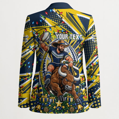 Personalized North Queensland Cowboys Rugby Christmas Blazer Holiday Mascot Graphic Art Festive Lights Bow