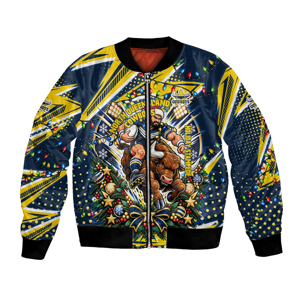 Personalized North Queensland Cowboys Rugby Christmas Bomber Jacket Holiday Mascot Graphic Art Festive Lights Bow