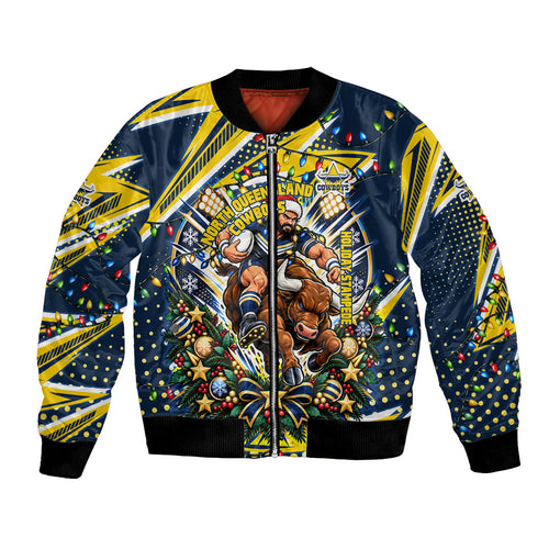 Personalized North Queensland Cowboys Rugby Christmas Bomber Jacket Holiday Mascot Graphic Art Festive Lights Bow