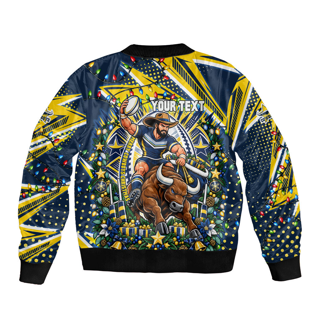 Personalized North Queensland Cowboys Rugby Christmas Bomber Jacket Holiday Mascot Graphic Art Festive Lights Bow