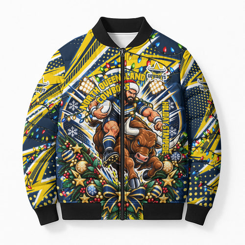 Personalized North Queensland Cowboys Rugby Christmas Bomber Puffer Jacket Holiday Mascot Graphic Art Festive Lights Bow